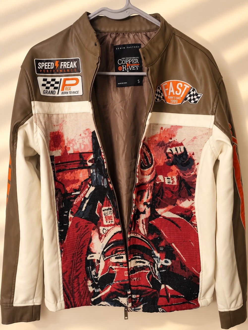 Copper Rivet Men's Olive & Cream Racing-Graphic Pea Coat